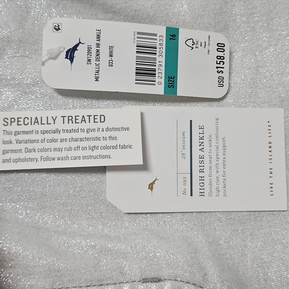 Tommy Bahama Metallic High Rise Ankle Denim: Metallic White/Silver: Size- 16 - Picture 4 of 16